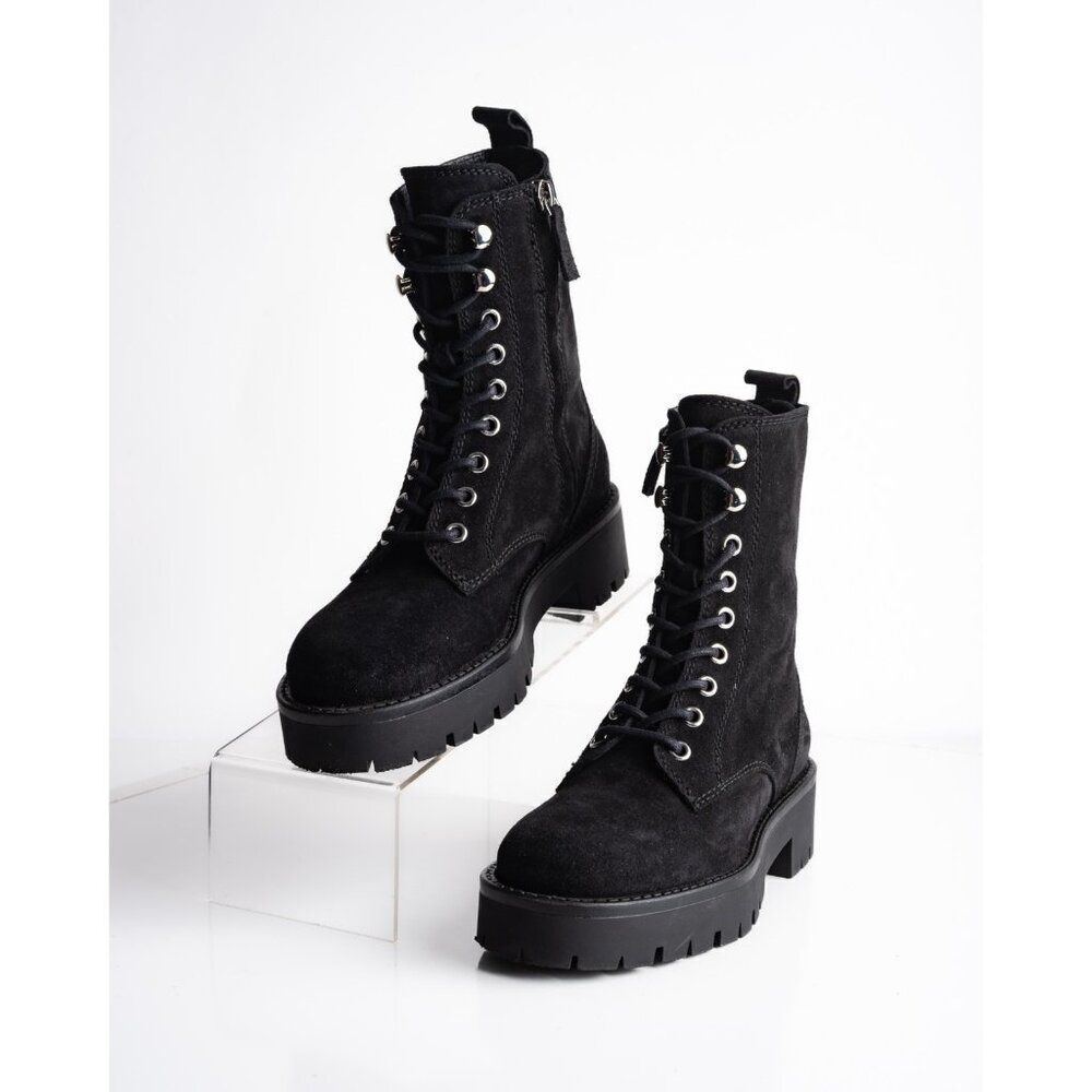 Massimo Dutti Womens Suede Boots Combat Lace Up Black US 6 EU 36 1112/450 defect